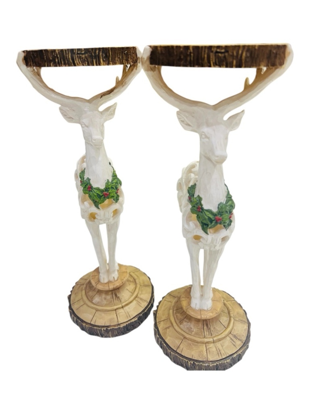 Vintage Christmas Deer Candle Holders Set of 2 | 12” Resin Reindeer Pillar - Picture 4 of 6